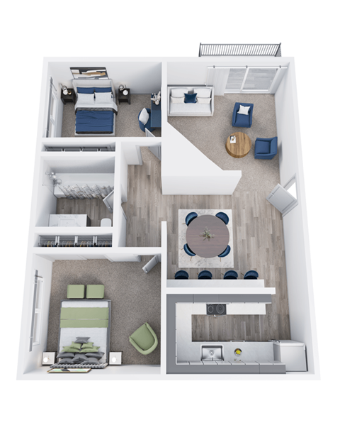 Floor plan for 2 beds, 1 bath, 950 sqft